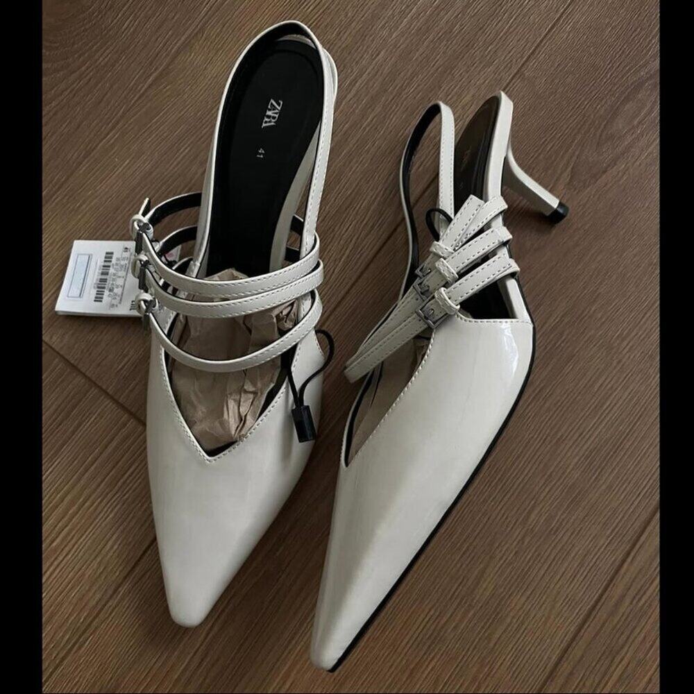ZARA White Slingback Kitten Heels NWT Pointed Toe Buckle Strap Pumps Size 8 - Picture 13 of 16
